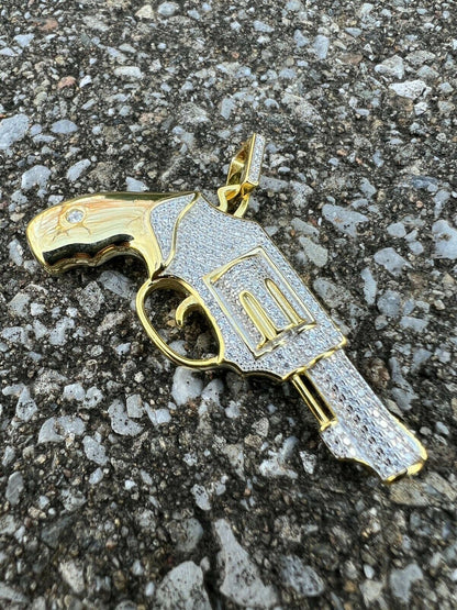 HarlemBling Solid 925 Silver / Gold Iced Diamond Pistol Revolver Gun HipHop Pendant Necklace