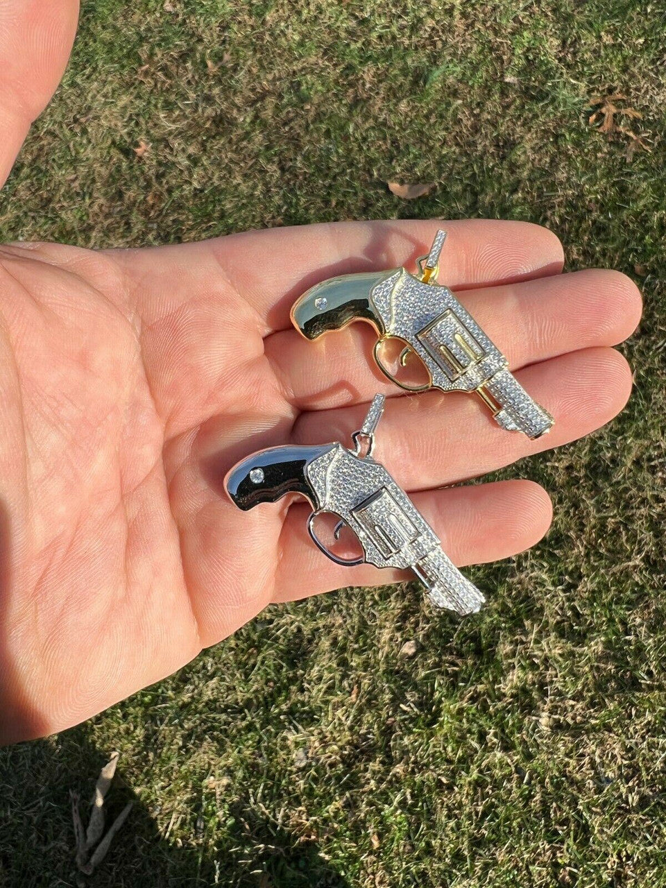 HarlemBling Solid 925 Silver / Gold Iced Diamond Pistol Revolver Gun HipHop Pendant Necklace