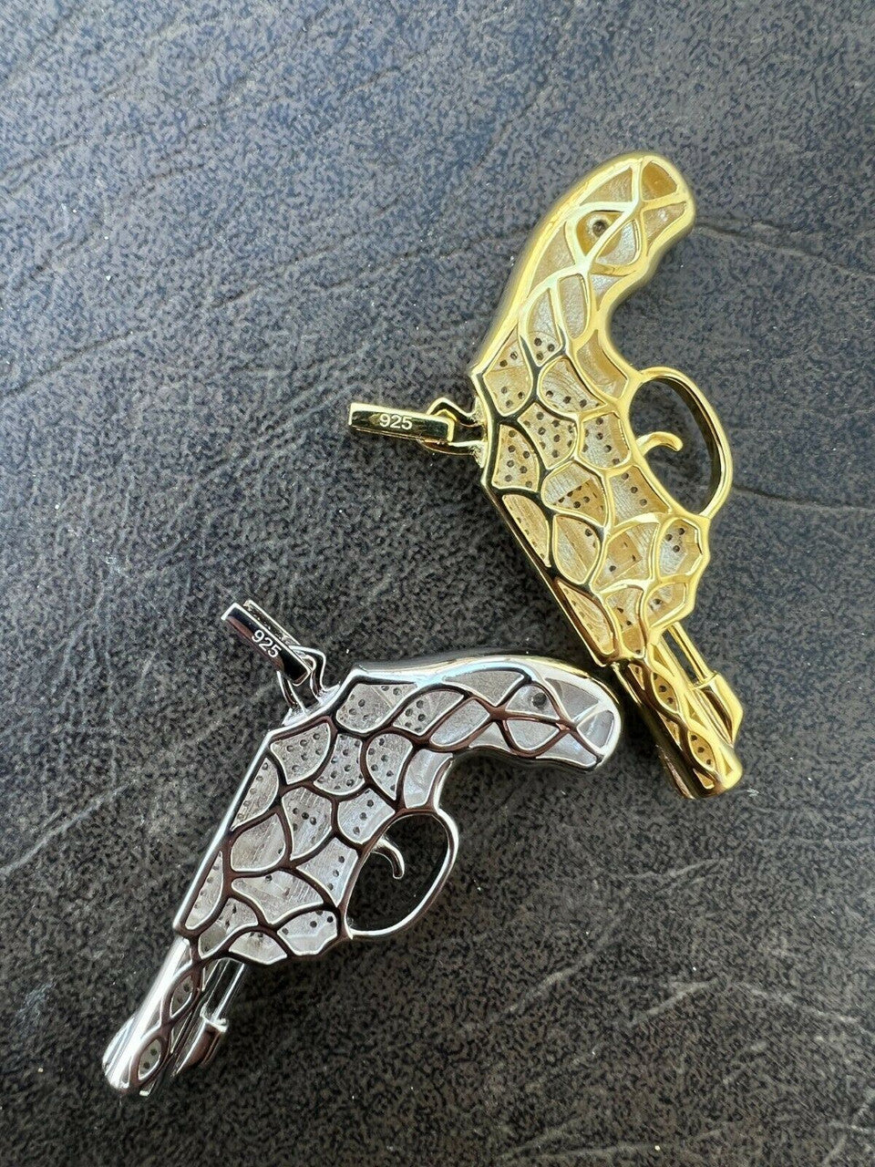 HarlemBling Solid 925 Silver / Gold Iced Diamond Pistol Revolver Gun HipHop Pendant Necklace