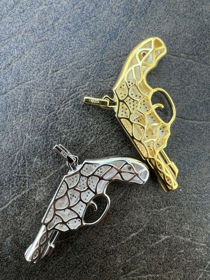 HarlemBling Solid 925 Silver / Gold Iced Diamond Pistol Revolver Gun HipHop Pendant Necklace