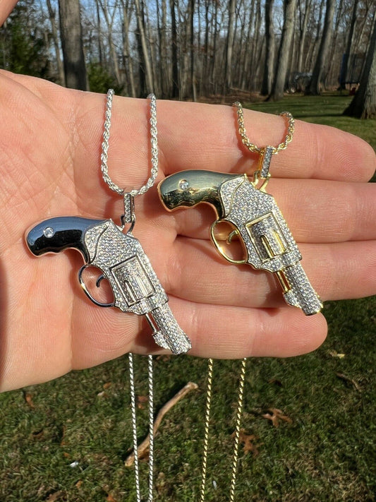 HarlemBling Solid 925 Silver / Gold Iced Diamond Pistol Revolver Gun HipHop Pendant Necklace