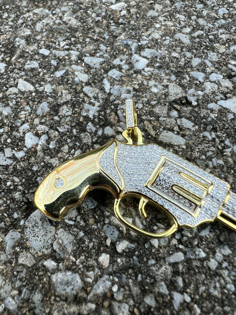 HarlemBling Solid 925 Silver / Gold Iced Diamond Pistol Revolver Gun HipHop Pendant Necklace