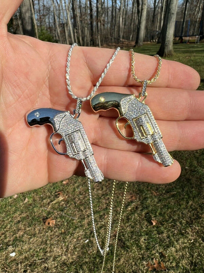 HarlemBling Solid 925 Silver / Gold Iced Diamond Pistol Revolver Gun HipHop Pendant Necklace