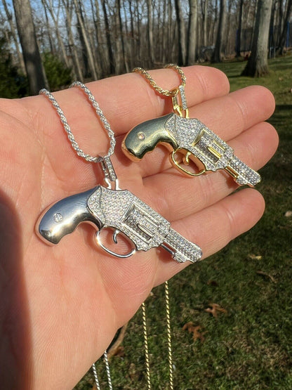HarlemBling Solid 925 Silver / Gold Iced Diamond Pistol Revolver Gun HipHop Pendant Necklace