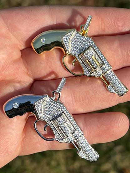 HarlemBling Solid 925 Silver / Gold Iced Diamond Pistol Revolver Gun HipHop Pendant Necklace