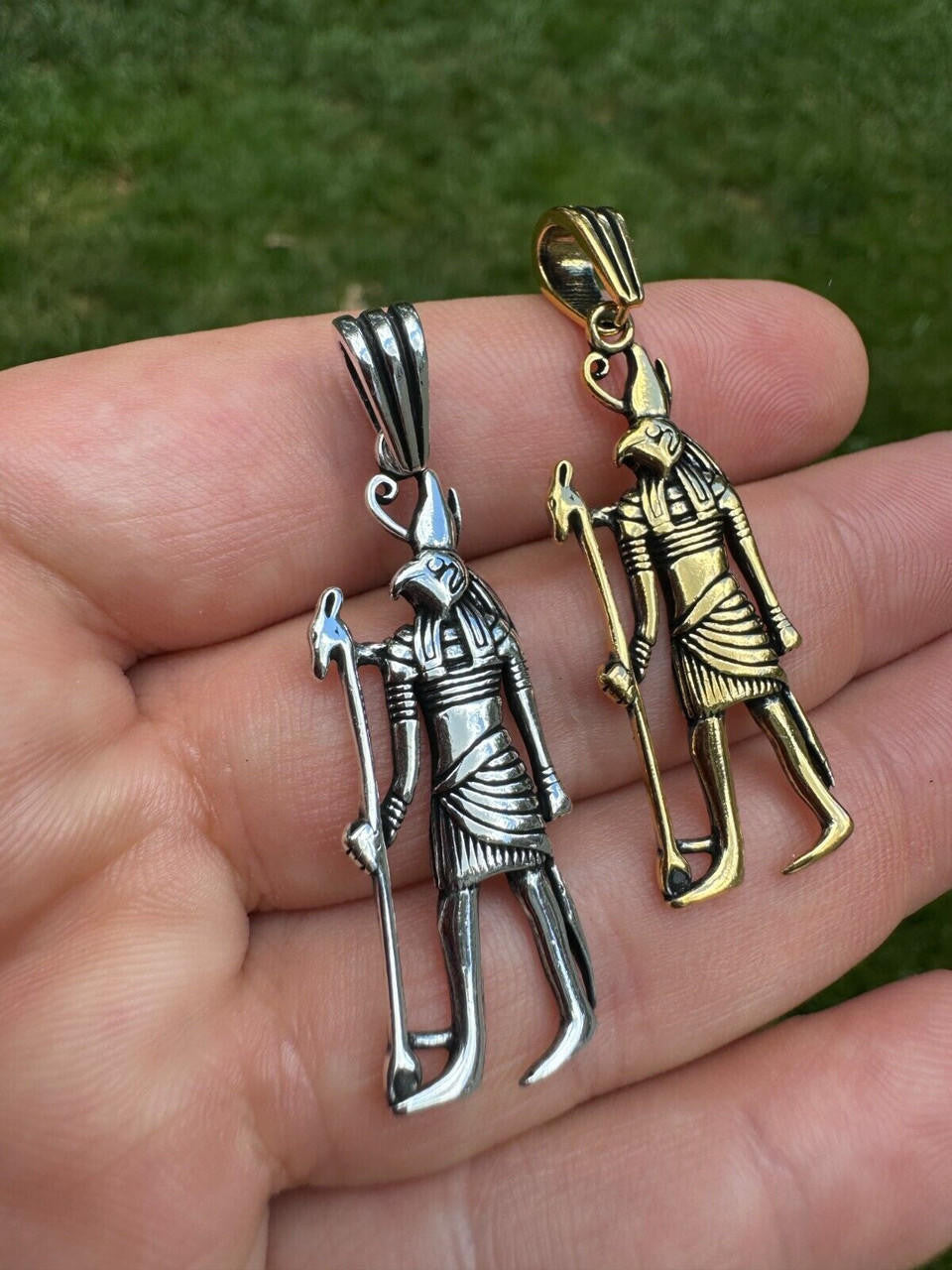 HarlemBling Solid 925 Silver / Gold Oxidized Ancient Egyptian God Horus Pendant Necklace