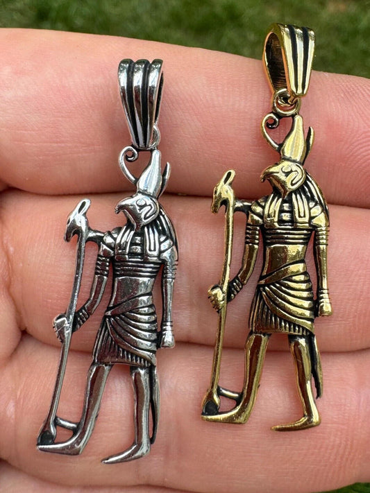 HarlemBling Solid 925 Silver / Gold Oxidized Ancient Egyptian God Horus Pendant Necklace