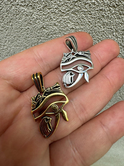HarlemBling Solid 925 Silver / Gold Oxidized Egyptian Eye Of Horus Evil Eye Pendant Necklace