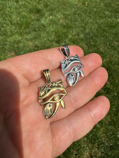 HarlemBling Solid 925 Silver / Gold Oxidized Egyptian Eye Of Horus Evil Eye Pendant Necklace