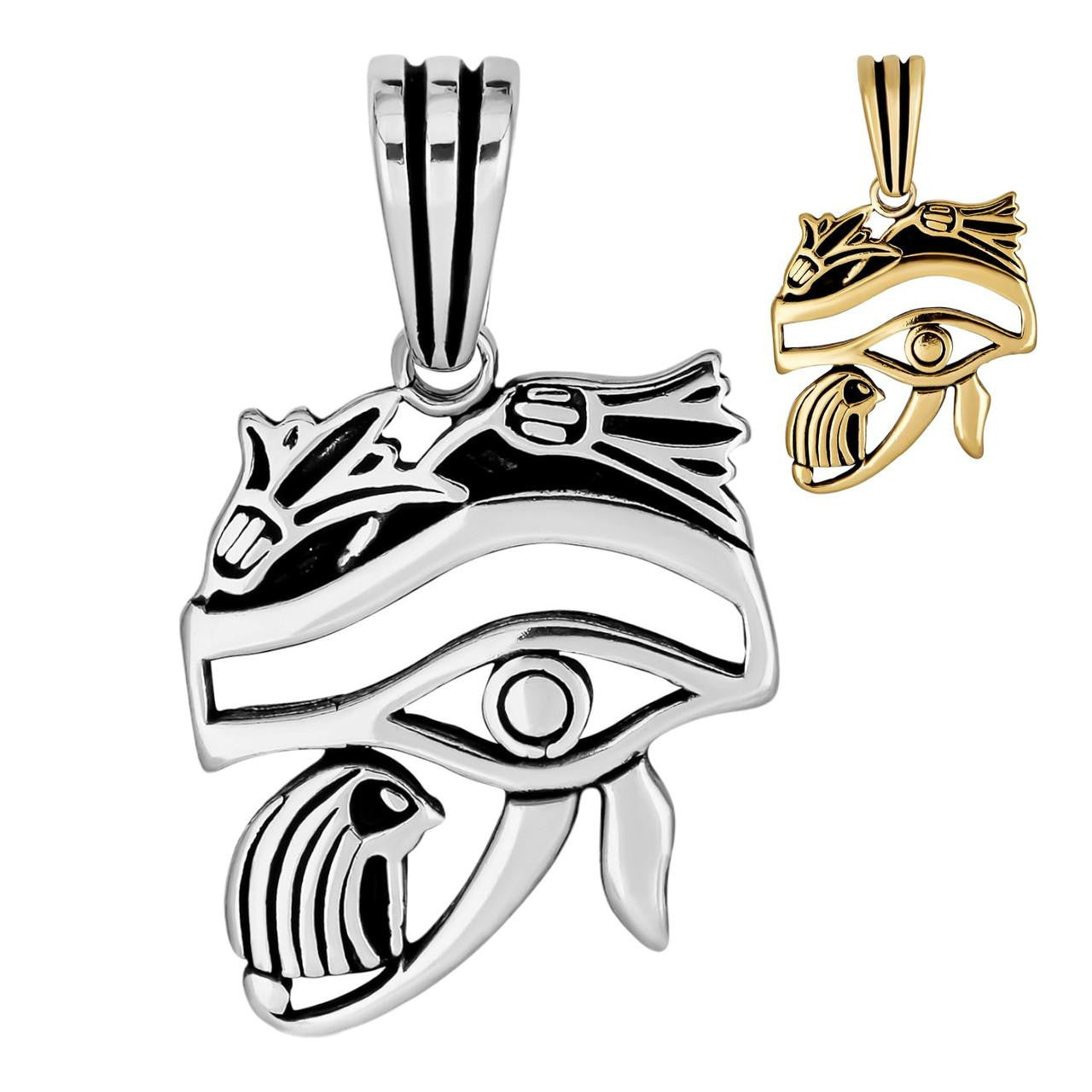 HarlemBling Solid 925 Silver / Gold Oxidized Egyptian Eye Of Horus Evil Eye Pendant Necklace