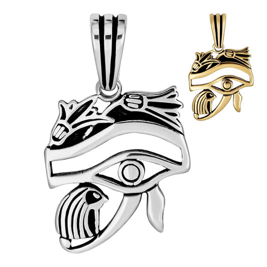 HarlemBling Solid 925 Silver / Gold Oxidized Egyptian Eye Of Horus Evil Eye Pendant Necklace