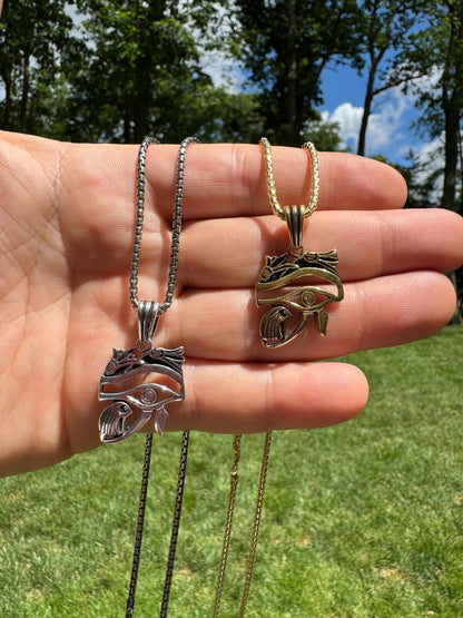 HarlemBling Solid 925 Silver / Gold Oxidized Egyptian Eye Of Horus Evil Eye Pendant Necklace