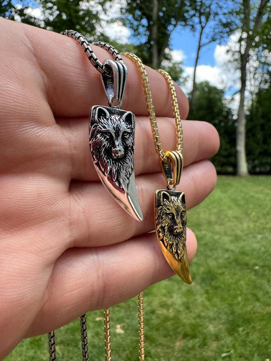 HarlemBling Solid 925 Silver / Gold Plated Oxidized Wolf Fang Tooth Viking Pendant Necklace
