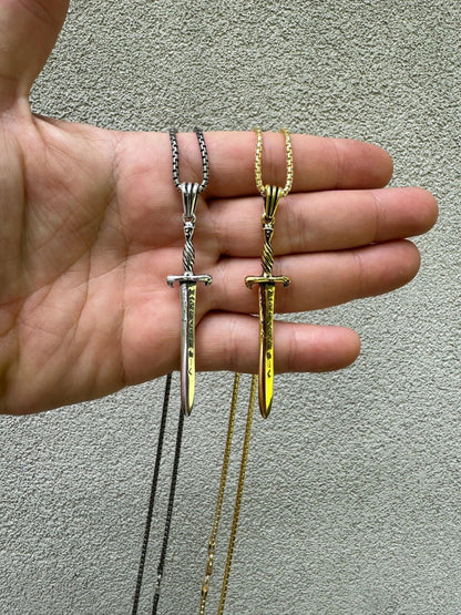 HarlemBling Solid 925 Silver / Gold Plated Roman Gladiator Sword Dagger Pendant Necklace
