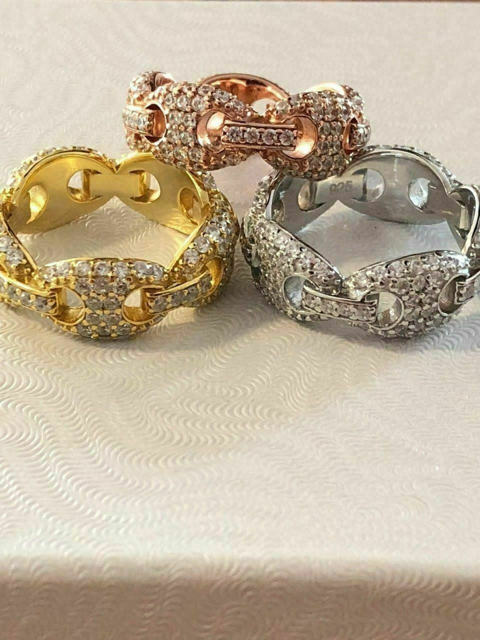 HarlemBling Solid 925 Silver Gucci Link Diamond Pinky RING 14k Gold Wedding Band Mens Ladies