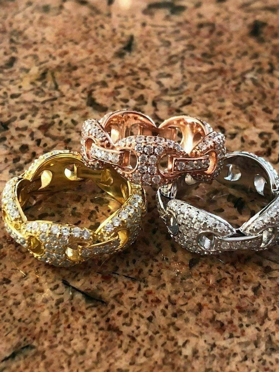 HarlemBling Solid 925 Silver Gucci Link Diamond Pinky RING 14k Gold Wedding Band Mens Ladies