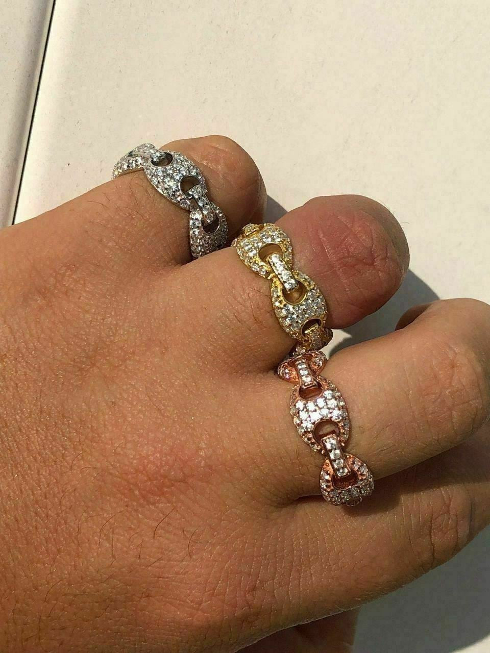 HarlemBling Solid 925 Silver Gucci Link Diamond Pinky RING 14k Gold Wedding Band Mens Ladies