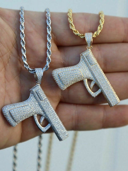 HarlemBling Solid 925 Silver Gun Pendant 9mm Pistol Pendant W Rope Chain Large 2 SUPER ICY