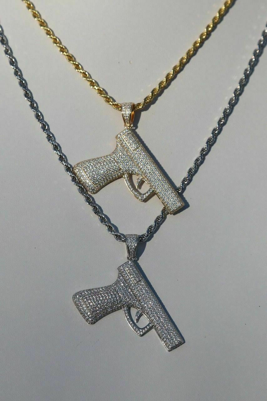 HarlemBling Solid 925 Silver Gun Pendant 9mm Pistol Pendant W Rope Chain Large 2 SUPER ICY