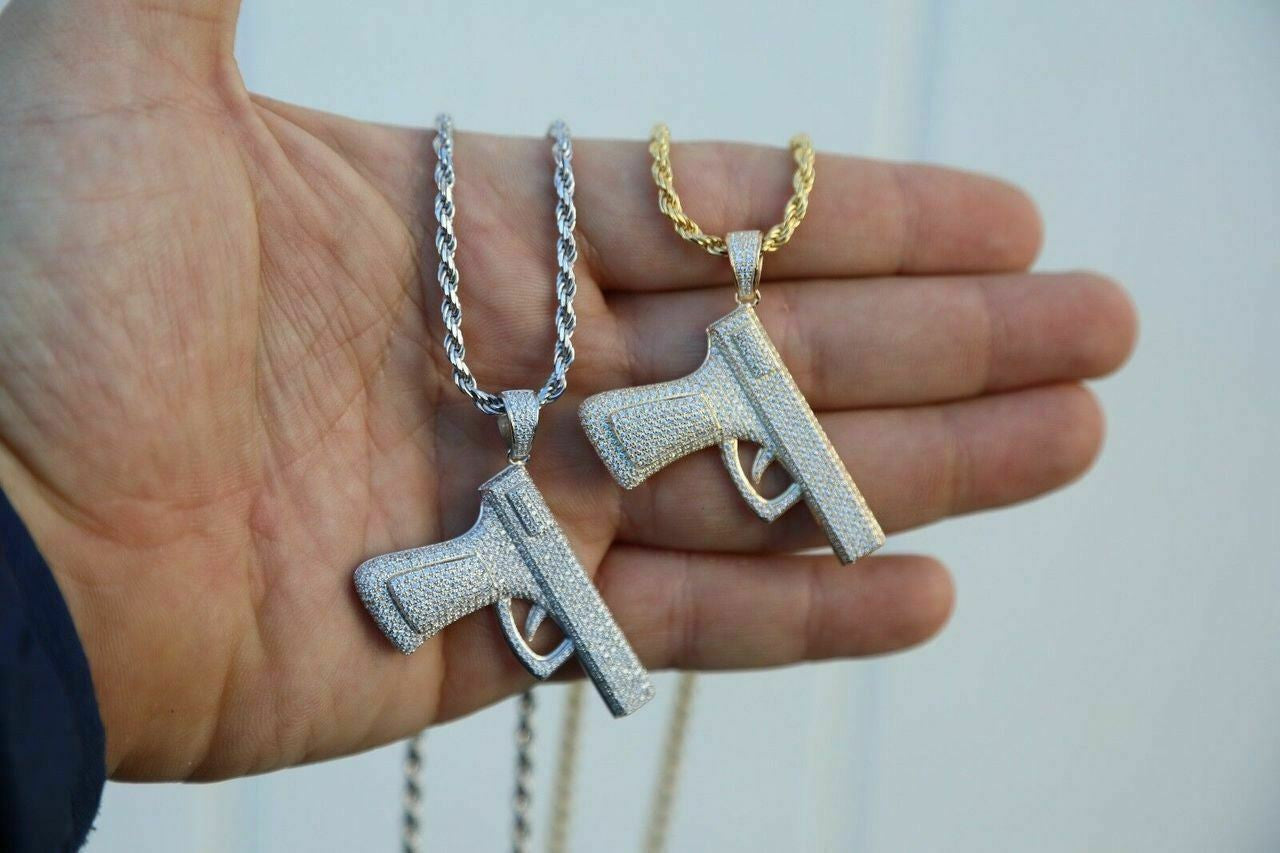 HarlemBling Solid 925 Silver Gun Pendant 9mm Pistol Pendant W Rope Chain Large 2 SUPER ICY