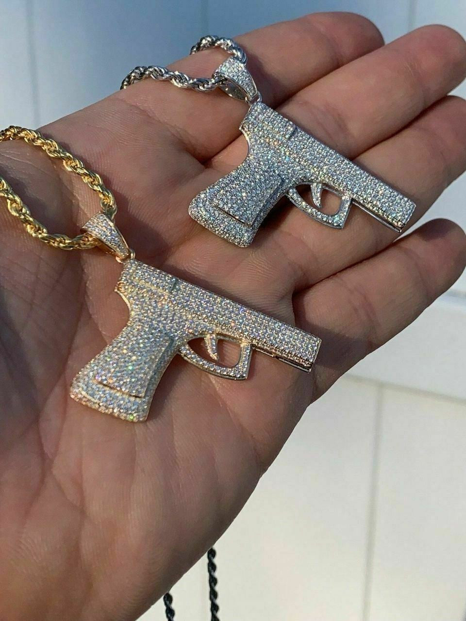 HarlemBling Solid 925 Silver Gun Pendant 9mm Pistol Pendant W Rope Chain Large 2 SUPER ICY