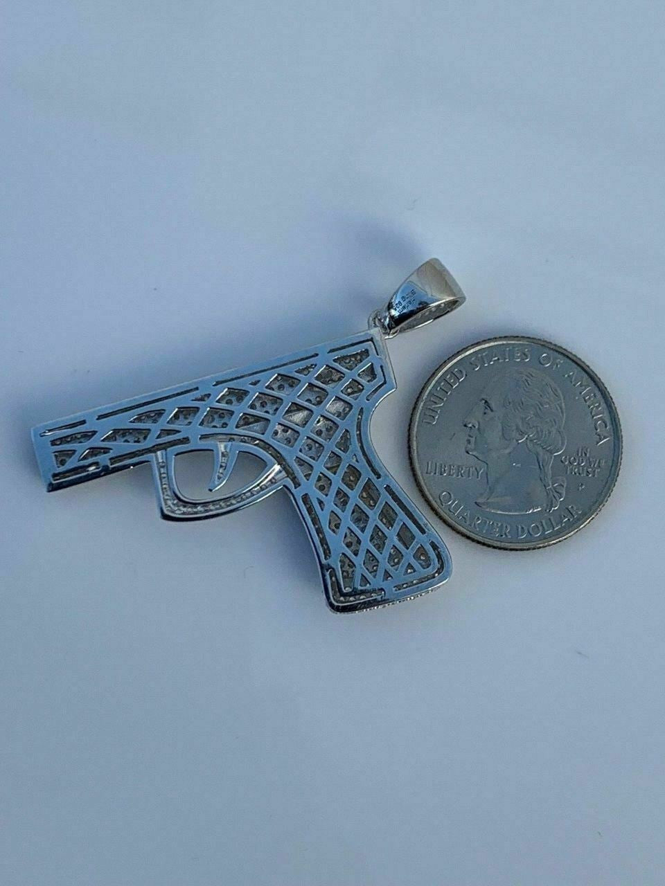 HarlemBling Solid 925 Silver Gun Pendant 9mm Pistol Pendant W Rope Chain Large 2 SUPER ICY