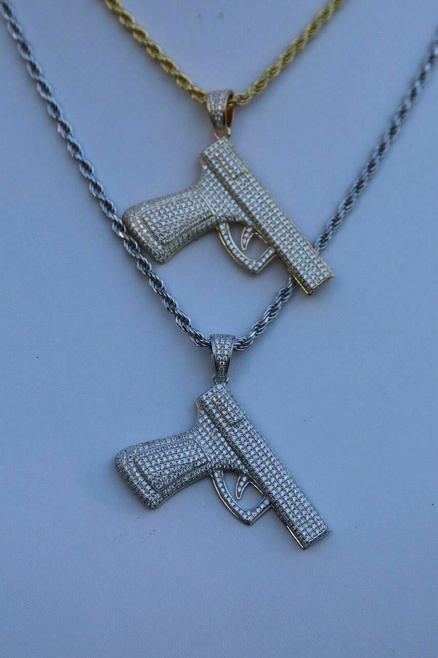 HarlemBling Solid 925 Silver Gun Pendant 9mm Pistol Pendant W Rope Chain Large 2 SUPER ICY