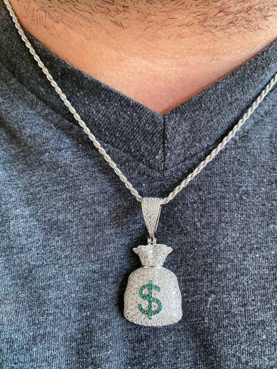 HarlemBling Solid 925 Silver Hip Hop Money Bag Emoji Pendant Necklace Iced Dollar Sign
