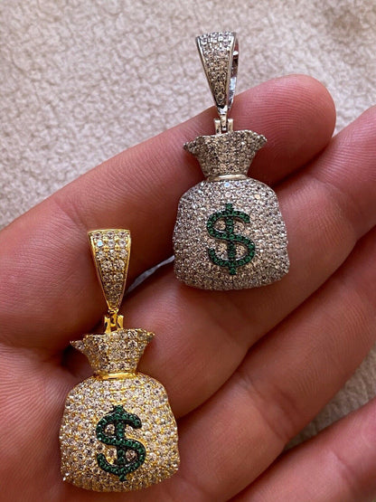 HarlemBling Solid 925 Silver Hip Hop Money Bag Emoji Pendant Necklace Iced Dollar Sign