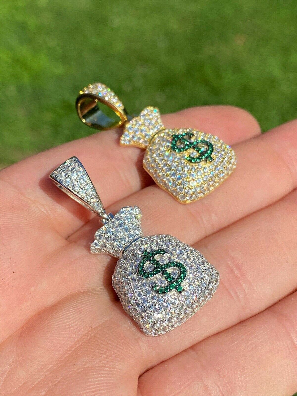 HarlemBling Solid 925 Silver Hip Hop Money Bag Emoji Pendant Necklace Iced Dollar Sign