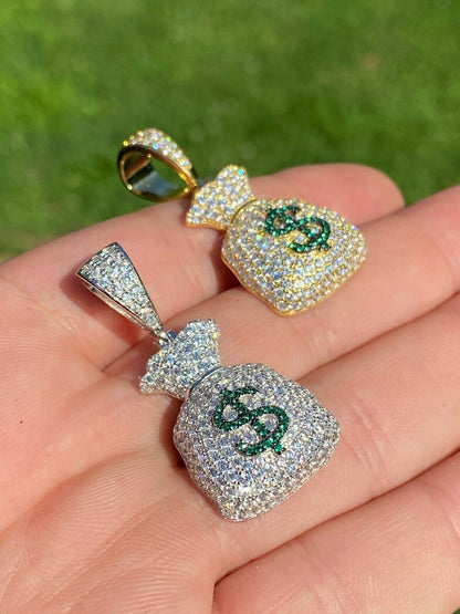 HarlemBling Solid 925 Silver Hip Hop Money Bag Emoji Pendant Necklace Iced Dollar Sign