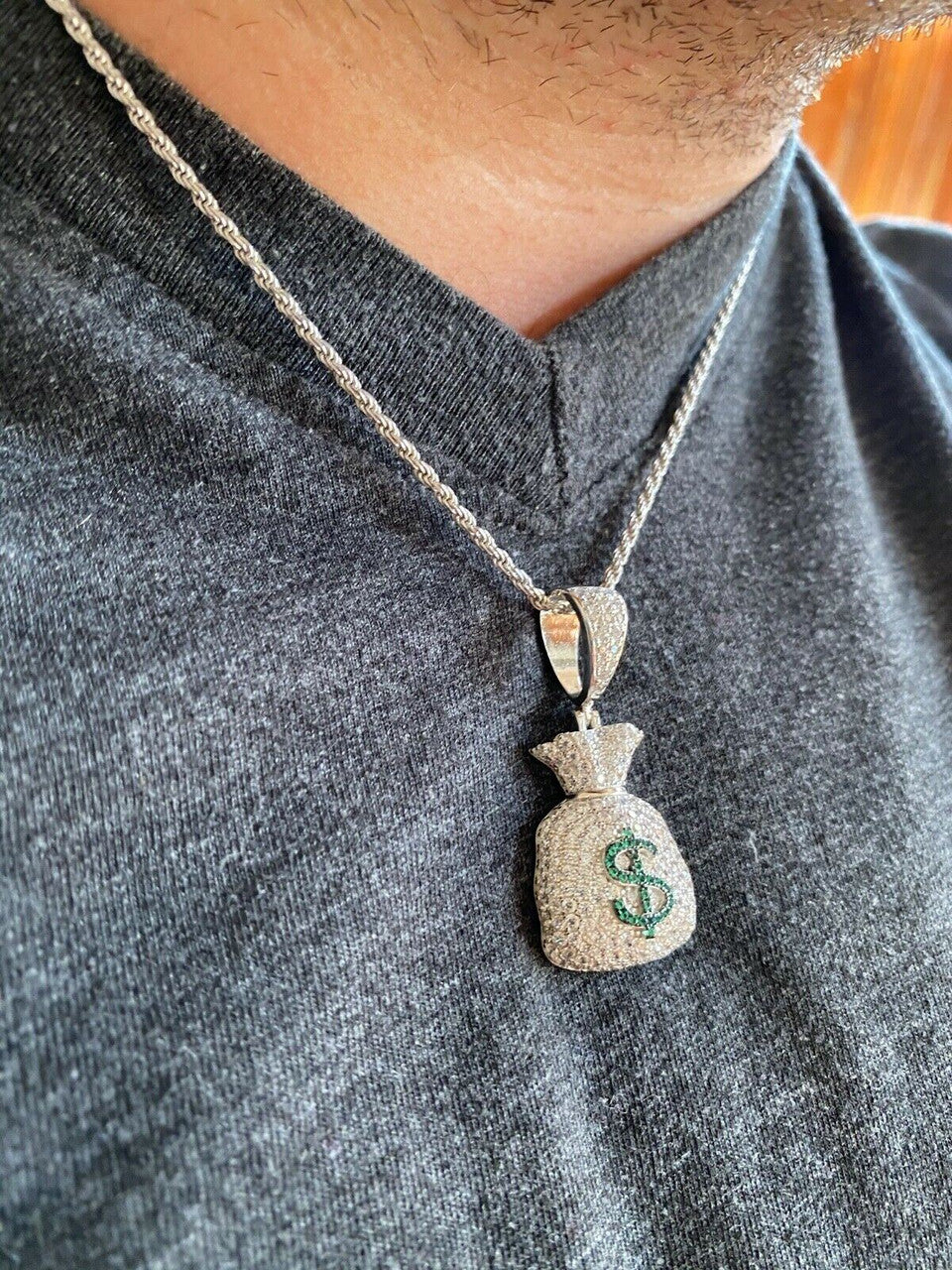 HarlemBling Solid 925 Silver Hip Hop Money Bag Emoji Pendant Necklace Iced Dollar Sign