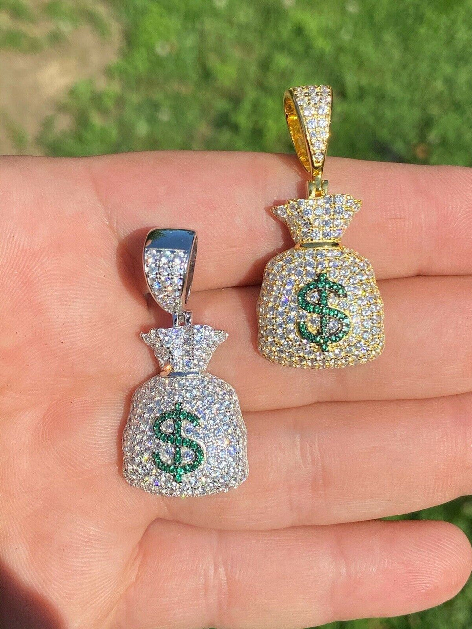 HarlemBling Solid 925 Silver Hip Hop Money Bag Emoji Pendant Necklace Iced Dollar Sign
