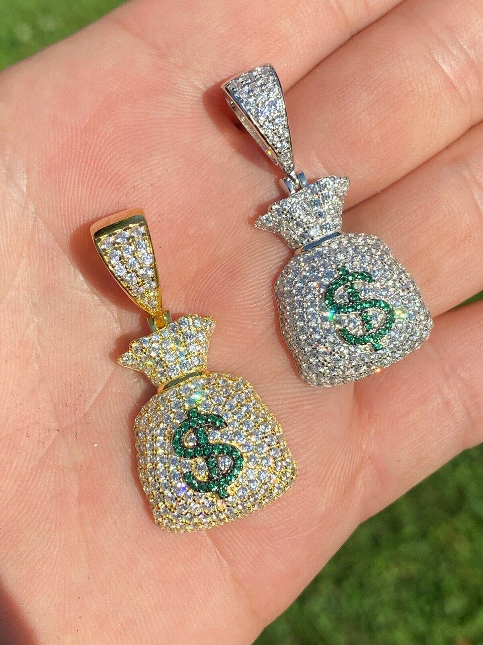 HarlemBling Solid 925 Silver Hip Hop Money Bag Emoji Pendant Necklace Iced Dollar Sign