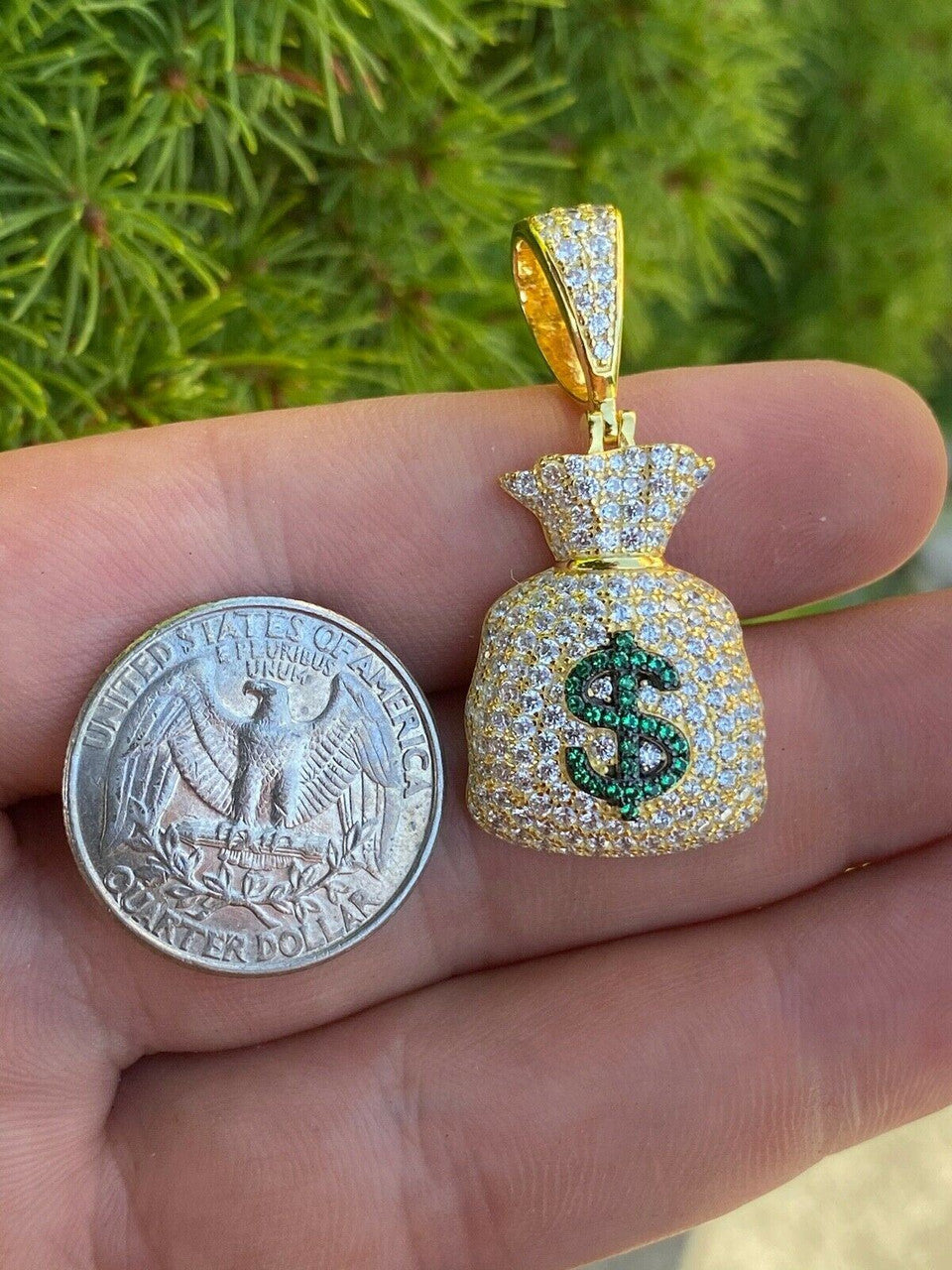HarlemBling Solid 925 Silver Hip Hop Money Bag Emoji Pendant Necklace Iced Dollar Sign