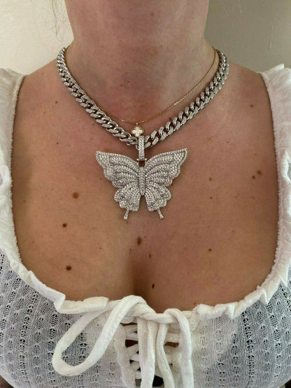 HarlemBling Solid 925 Silver HUGE Iced 2.5 Butterly Hip Hop Pendant For Men Ladies Necklace