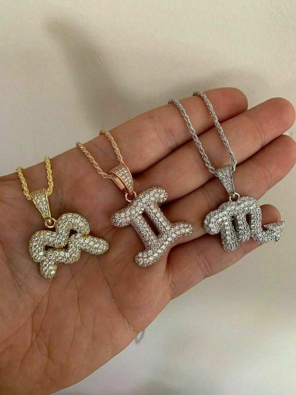 HarlemBling Solid 925 Silver Iced Diamond Zodiac Astrology Sign Pendant Necklace Hip Hop
