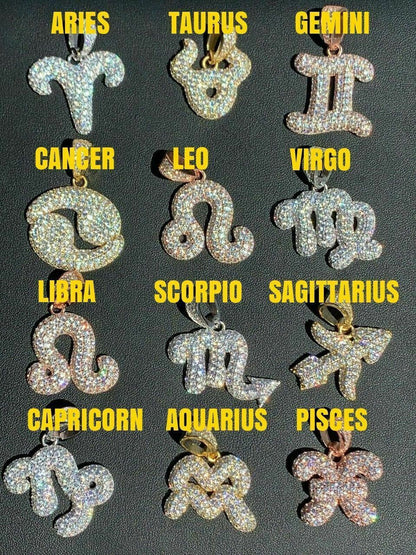HarlemBling Solid 925 Silver Iced Diamond Zodiac Astrology Sign Pendant Necklace Hip Hop