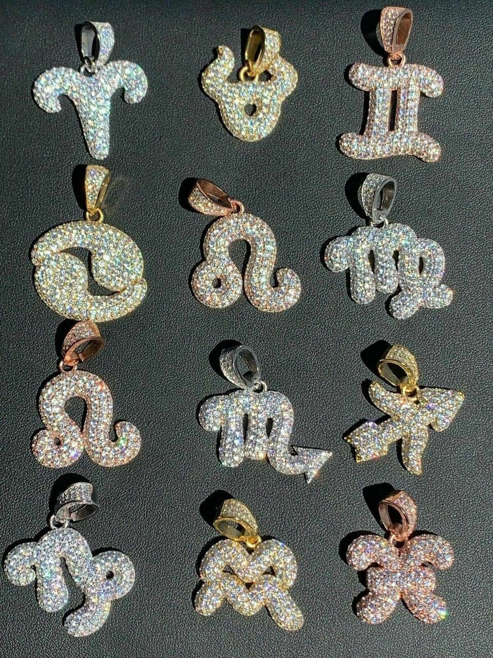 HarlemBling Solid 925 Silver Iced Diamond Zodiac Astrology Sign Pendant Necklace Hip Hop