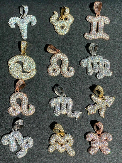 HarlemBling Solid 925 Silver Iced Diamond Zodiac Astrology Sign Pendant Necklace Hip Hop