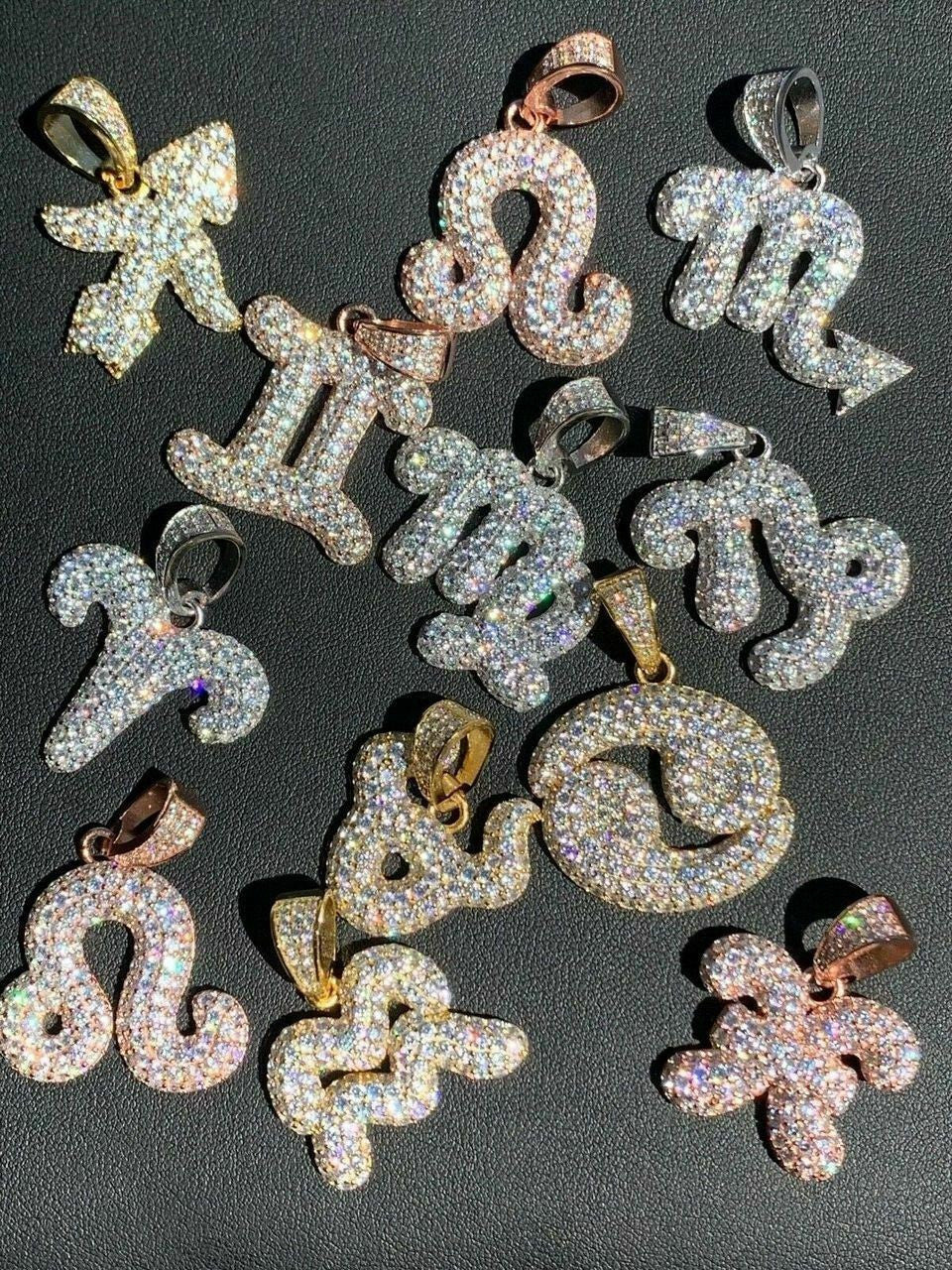 HarlemBling Solid 925 Silver Iced Diamond Zodiac Astrology Sign Pendant Necklace Hip Hop