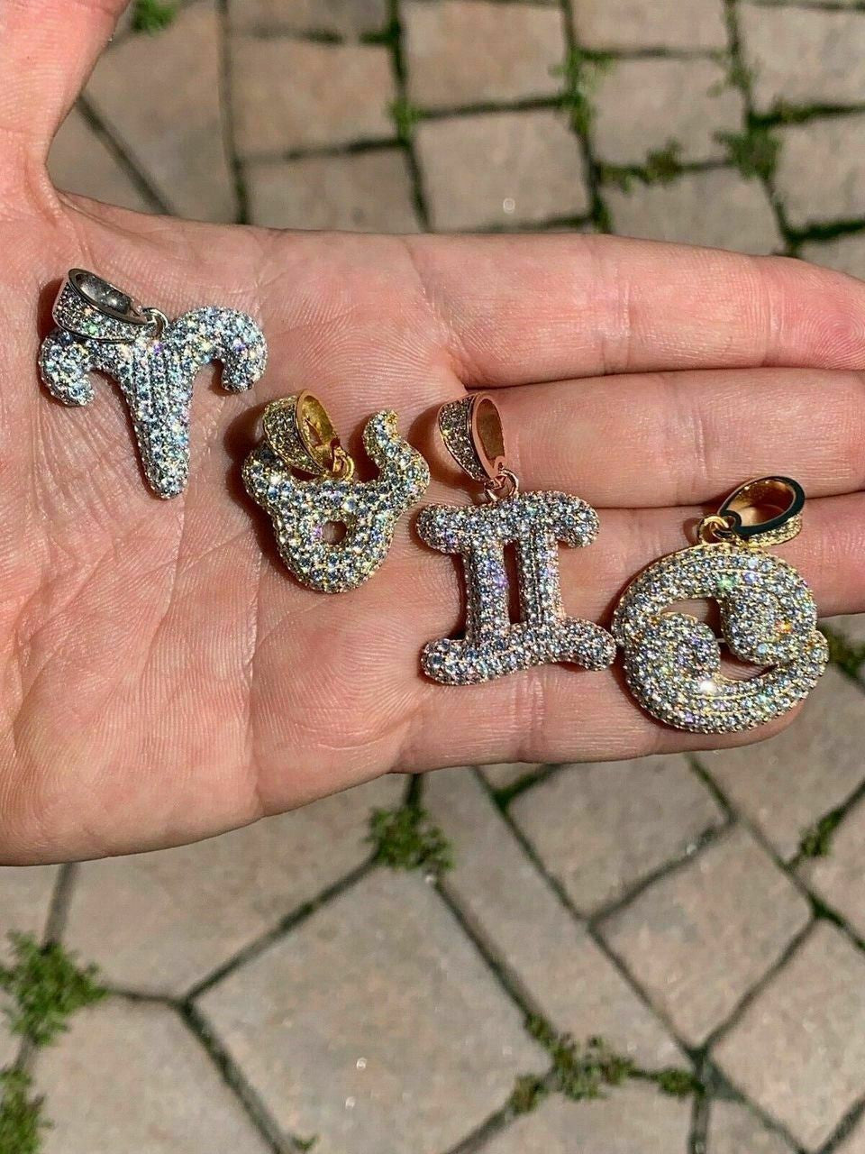 HarlemBling Solid 925 Silver Iced Diamond Zodiac Astrology Sign Pendant Necklace Hip Hop