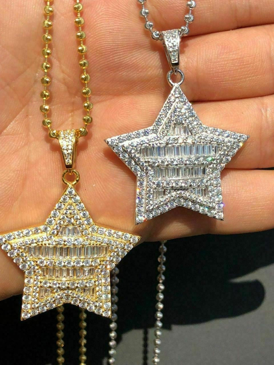 HarlemBling Solid 925 Silver Iced Hip Hop Mens Diamond SUPER Star 14k Gold Chain Pendant Icy