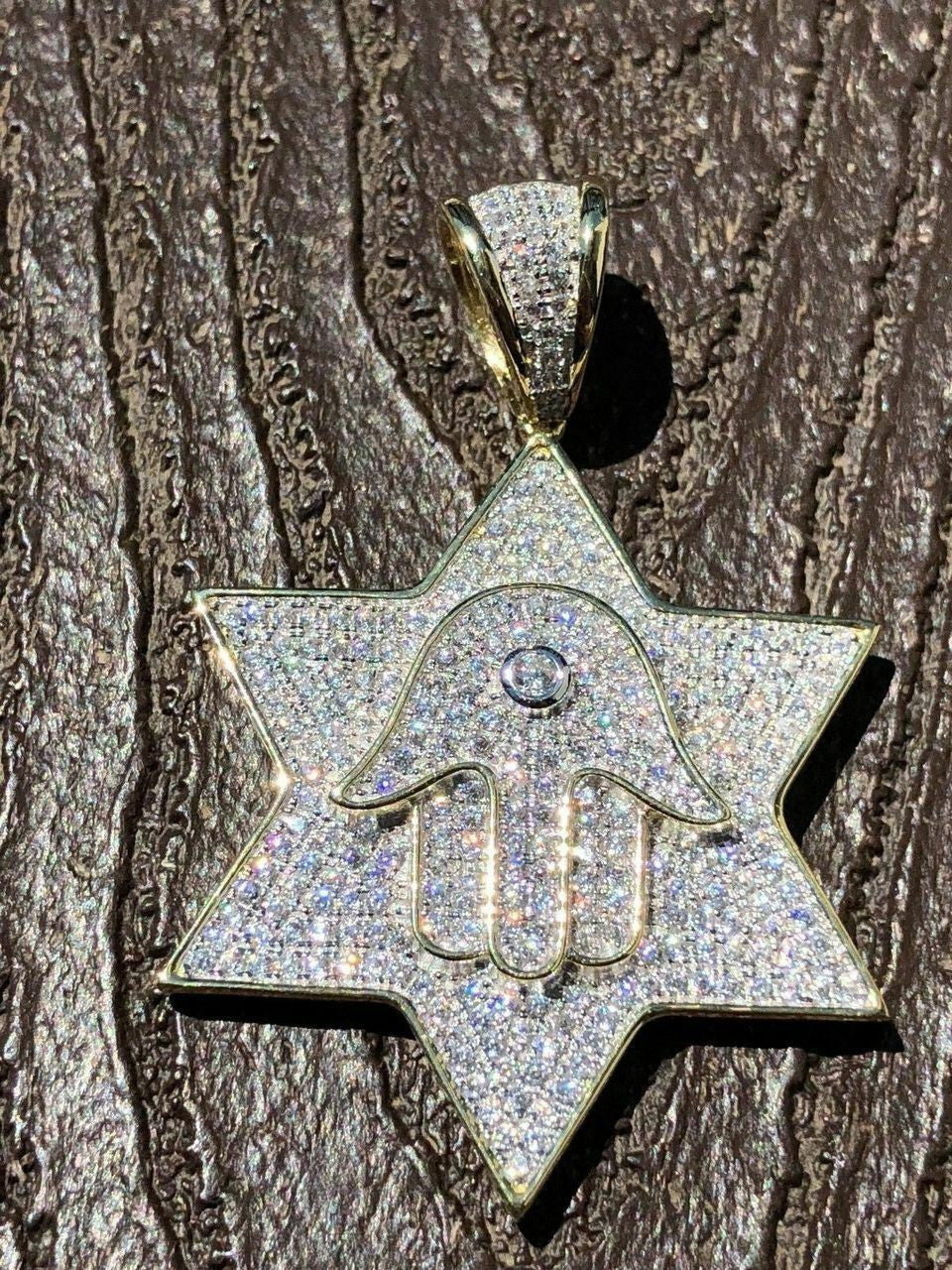 HarlemBling Solid 925 Silver Iced Icy Magen David Star W Hamsa Mens Diamond Star 14k Plated