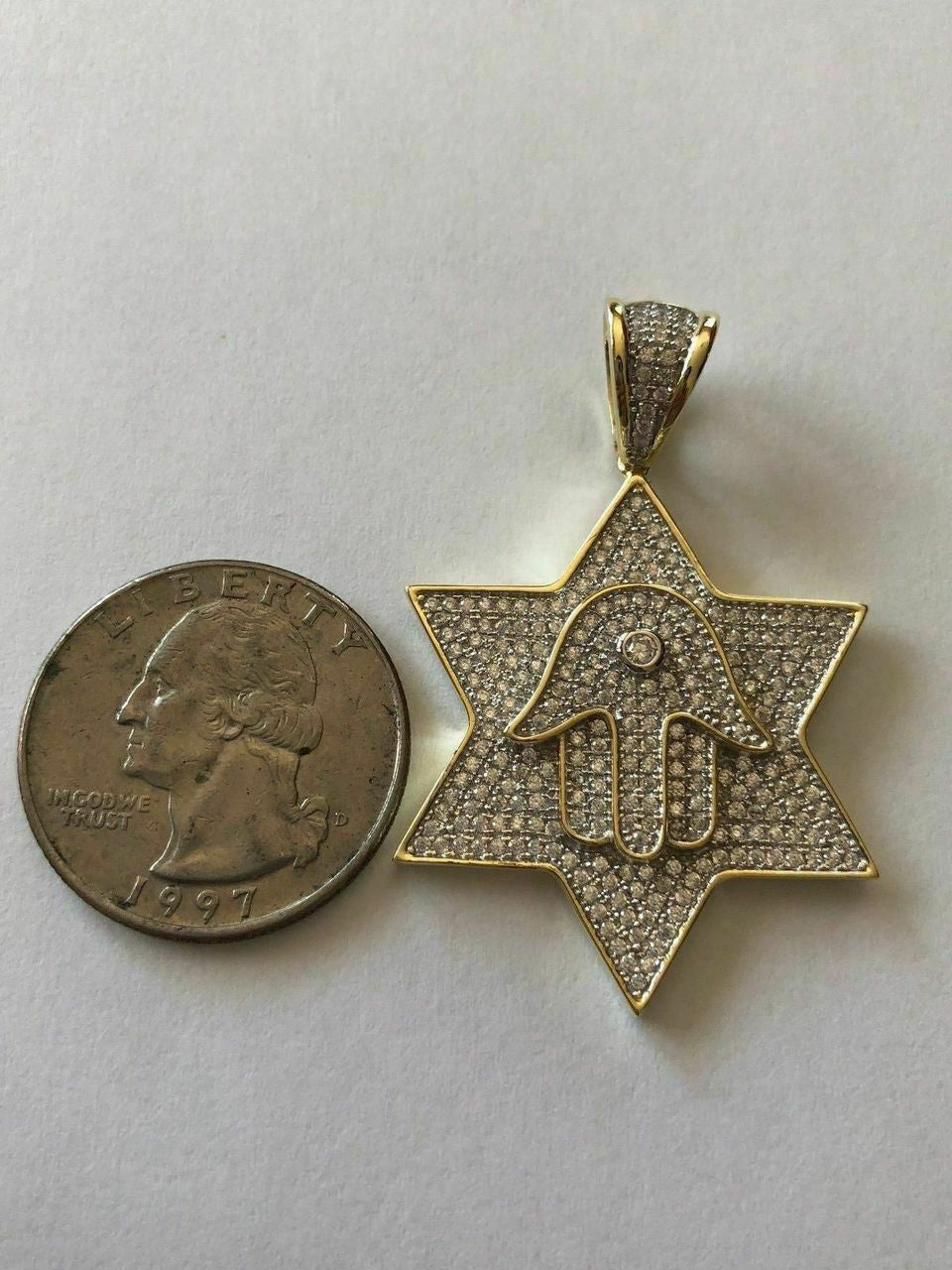 HarlemBling Solid 925 Silver Iced Icy Magen David Star W Hamsa Mens Diamond Star 14k Plated