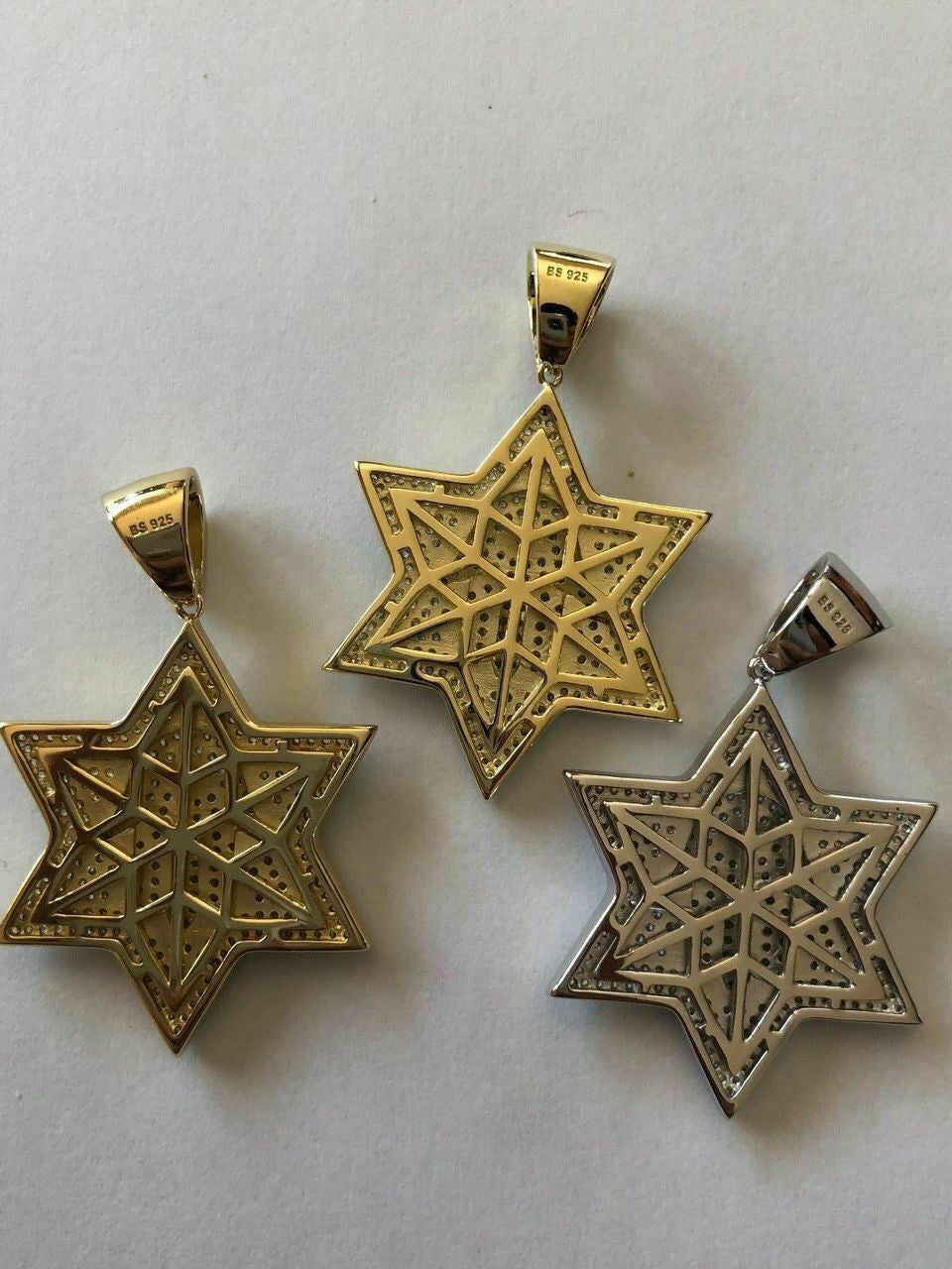 HarlemBling Solid 925 Silver Iced Icy Magen David Star W Hamsa Mens Diamond Star 14k Plated