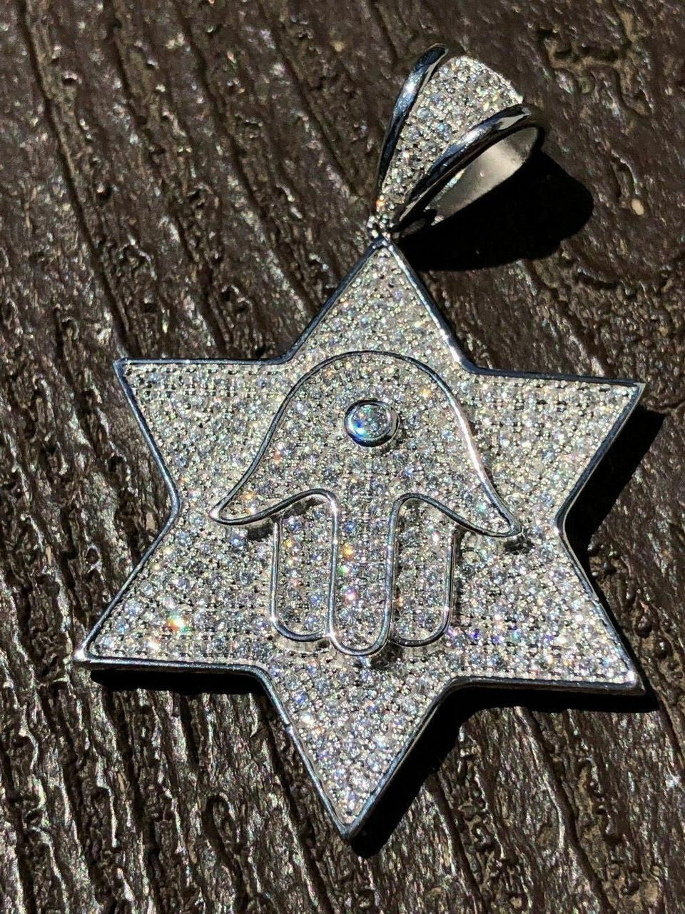 HarlemBling Solid 925 Silver Iced Icy Magen David Star W Hamsa Mens Diamond Star 14k Plated