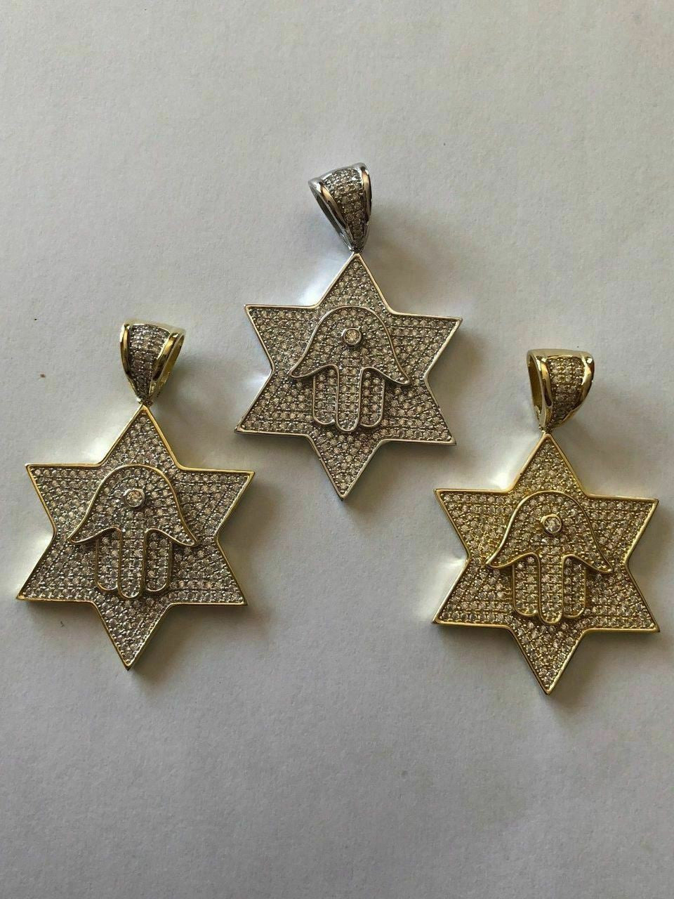 HarlemBling Solid 925 Silver Iced Icy Magen David Star W Hamsa Mens Diamond Star 14k Plated