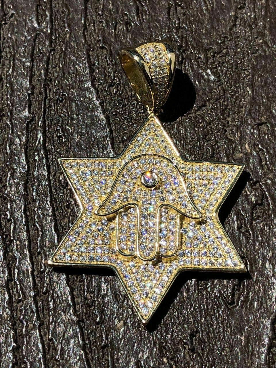 HarlemBling Solid 925 Silver Iced Icy Magen David Star W Hamsa Mens Diamond Star 14k Plated