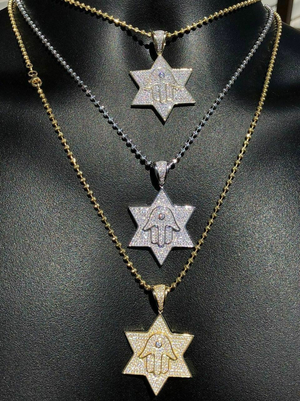 HarlemBling Solid 925 Silver Iced Icy Magen David Star W Hamsa Mens Diamond Star 14k Plated